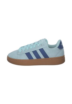 Light blue suede sneaker with three dark blue stripes, textured gum rubber sole, and matching light blue laces. Simple design, low profile.