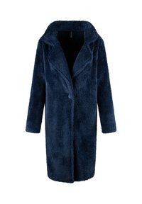 Manteau long en bleu marine, flou, avec un col cranté, une fermeture à un bouton et des manches longues. Texture douce et design mi-long.