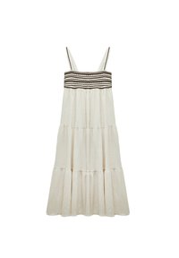 Weißes Leinenkleid mit einem gestuften Design und braunen Raffungselementen an der Brust. Verstellbare Träger und eine lockere, fließende Silhouette.