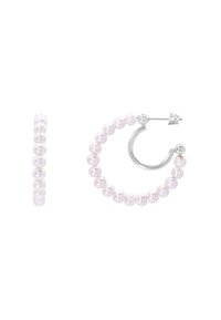 Hoops-Ohrringe mit einer Reihe von rosa Perlen, silbernen Metallschmuck auf der Rückseite, ausgestattet mit einem einfachen Verschluss und glatter Textur.