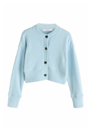 Hellblauer, kurzer Cardigan aus strukturiertem Material, mit geripptem Saum und Ärmelbündchen sowie fünf dunklen Knöpfen vorne.