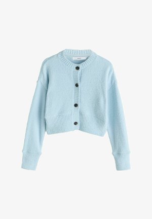 Gaiši zils īss kardigans no teksturēta materiāla ar ribotu malu un aprocēm, priekšpusē piecas tumšas pogas.
