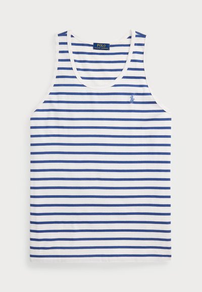 Top de desen cu dungi în alb și bleumarin, având un decolteu rotund și un mic logo pe piept. Fabricat dintr-un material ușor.