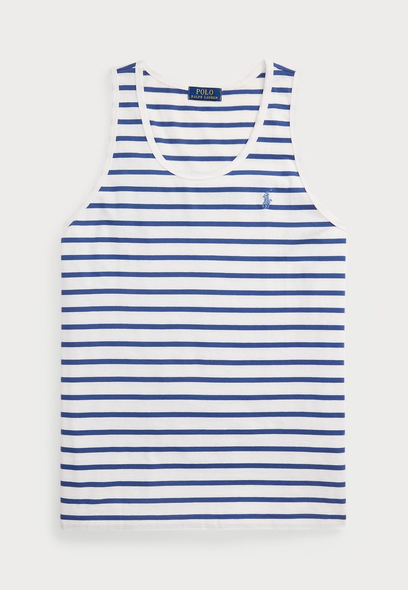 Pasiasty top bez rękawów w kolorze białym i granatowym, z okrągłym dekoltem i małym logo na piersi. Wykonany z lekkiego materiału.