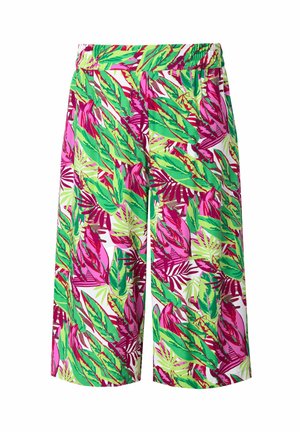 Värikäs shorts, jossa on kirkas vihreä ja pinkki lehtikuvio valkoisella taustalla. Joustava vyötärö, löysä mukavuus ja kevyt kangas.