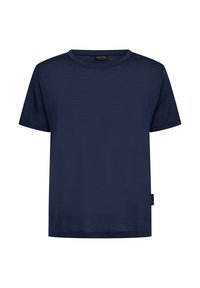 Mørkeblå kortærmet t-shirt i et glat, let stof med rund halsudskæring og mærkelogoet på siden.