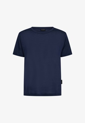 Mørkeblå kortærmet t-shirt i et glat, let stof med rund halsudskæring og mærkelogoet på siden.