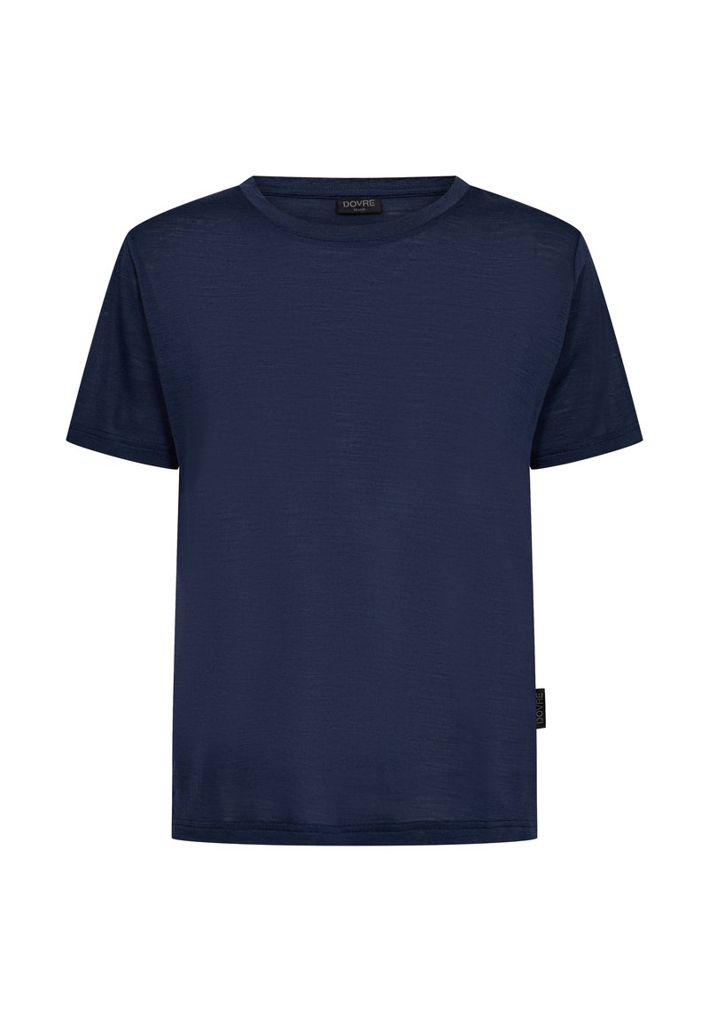 Mørkeblå kortærmet t-shirt i et glat, let stof med rund halsudskæring og mærkelogoet på siden.