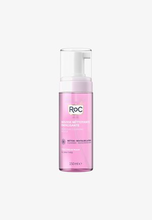 Roc Energising Cleansing Mousse in a transparent pink bottle with a white pump dispenser. 150 ml capacity, designed for all skin types.