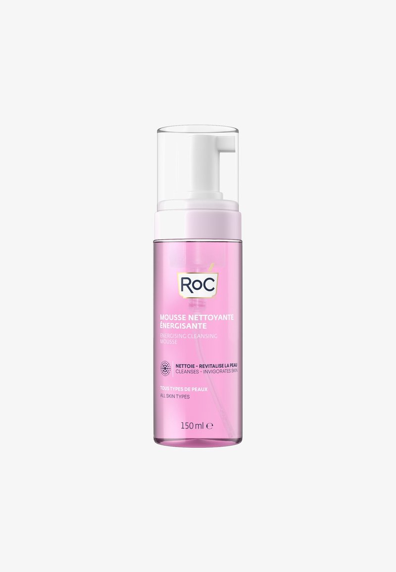 Mousse detergente energizzante Roc in una bottiglia trasparente rosa con erogatore a pompa bianca. Capacità di 150 ml, progettata per tutti i tipi di pelle.