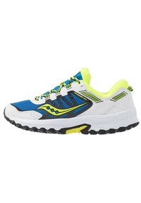 Laufschuh mit blauem Mesh-Obermaterial, weißen synthetischen Überzügen, schwarzer Gummisohle und neon-gelben Akzenten. Verfügt über einen gepolsterten Kragen und eine Schnürung.
