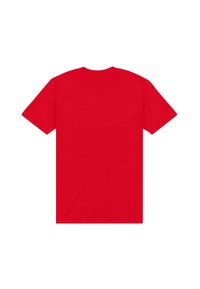 Rød bomulds t-shirt med korte ærmer og rund udskæring, med en ensfarvet ryg uden grafikker eller pynt.