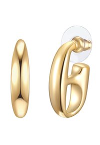 Guldprydda örhängen med en elegant, rund design som har en ögla och en öppen form, med en slät yta och polerad finish.