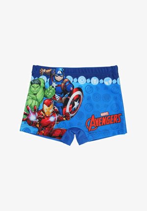 Shorts de bain bleus avec les personnages des Marvel Avengers : Hulk, Captain America et Iron Man, avec des motifs imprimés et des accents rouges.