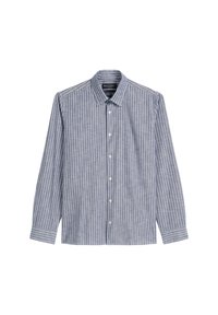 Men's long-sleeve shirt in blue and white vertical stripes, featuring a button front and a classic collar. Made of lightweight cotton fabric.