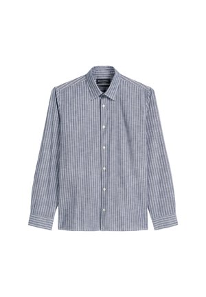Men's long-sleeve shirt in blue and white vertical stripes, featuring a button front and a classic collar. Made of lightweight cotton fabric.
