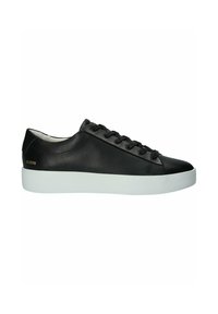 Black leather sneaker with white rubber sole, featuring round toe, lace-up design, and minimalistic branding on the heel.