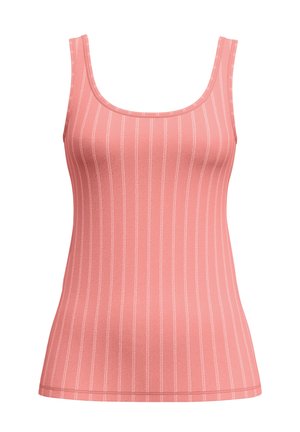 Débardeur rose sans manches en tissu côtelé avec de fines rayures verticales blanches et un col en forme d'encolure arrondie.