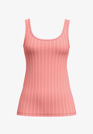 Débardeur rose sans manches en tissu côtelé avec de fines rayures verticales blanches et un col en forme d'encolure arrondie.