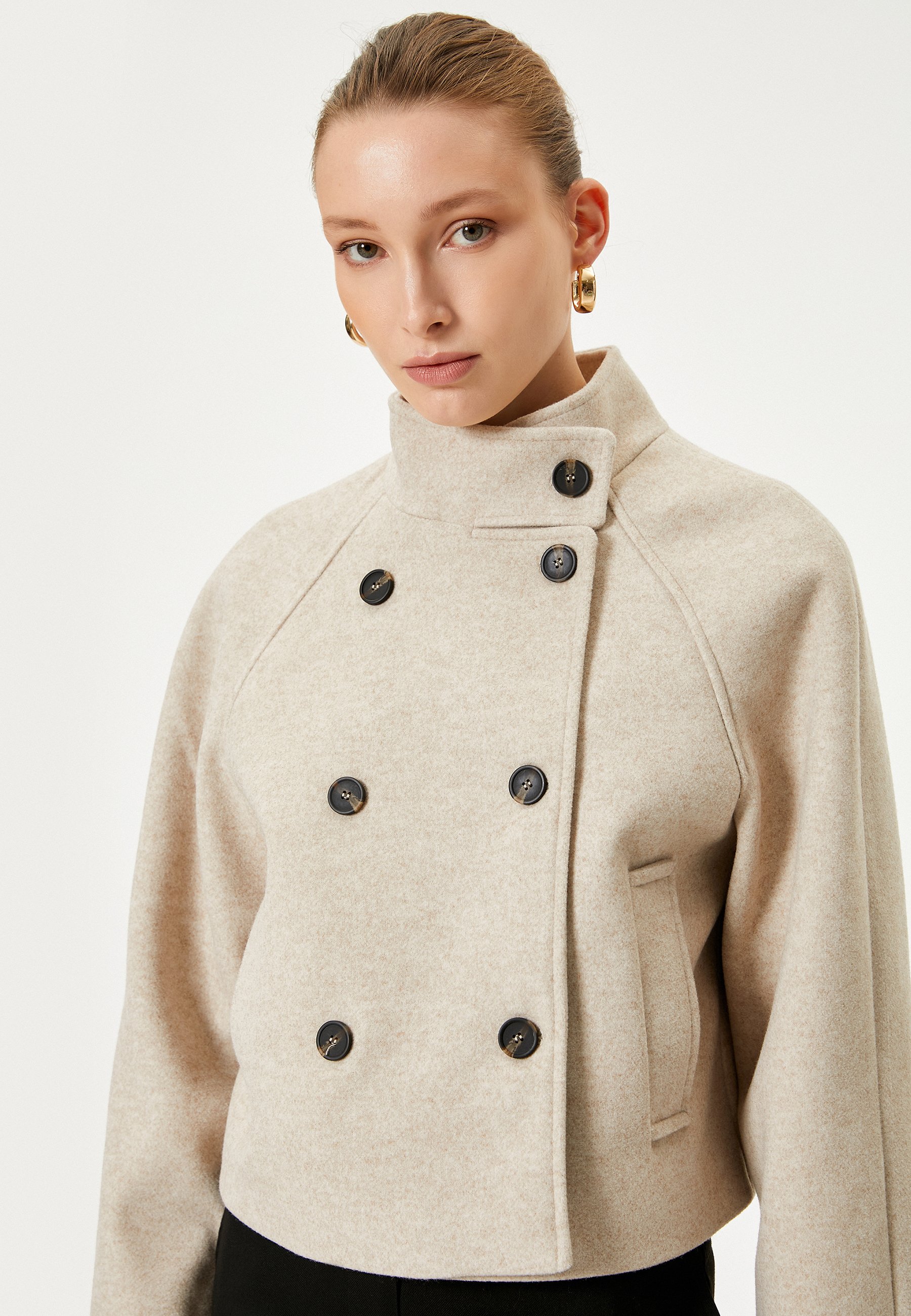 Koton High Neck Pocket Detail Buttoned Double Breasted Jacket