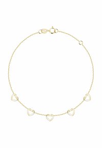 Delicate gold chain necklace featuring five evenly spaced open heart-shaped charms and a spring ring clasp.