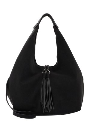 Bolso hobo negro con superficie texturizada, una correa para el hombro y dobles adornos de borlas decorativas en el centro frontal.