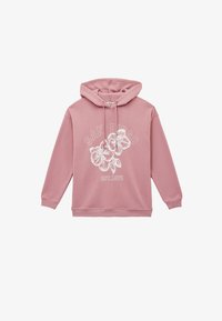 Sudadera con capucha rosa polvoriento con ilustración floral blanca en el frente y texto "SAN DIEGO" y "EST. 1972", con cordones ajustables y puños acanalados.