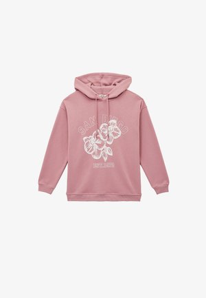 Różowa, zakurzona bluza z kapturem z białą ilustracją kwiatową z przodu oraz napisami „SAN DIEGO” i „EST. 1972”, wyposażona w sznurki i ściągacze na rękawach.