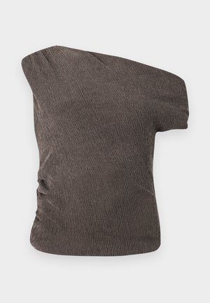 Brown, one-shoulder top with a textured, crinkled fabric; features a ruched side detail and a fitted silhouette.