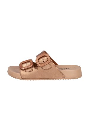 Sandalia marrón tipo chancla con dos tiras ajustables con hebilla y suela texturizada, diseñada para uso casual.