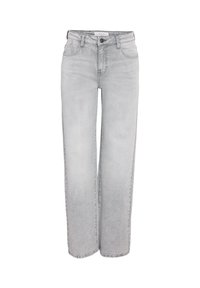 Jeans de corte reto cinza claro com bolsos frontais, passadores de cinto e fecho de botão, exibidos contra um fundo branco.