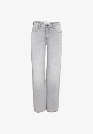 Lysegrå jeans med rett ben, med frontlommer, beltehemper og knappelukking, vist mot en hvit bakgrunn.