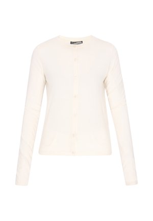 Crèmekleurige, lang-sleeve cardigan gemaakt van zachte stof, met een ronde hals en een volledige rij knopen aan de voorkant.