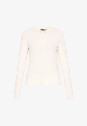 Kreemivärviline, pikakäistega kardigan pehmest materjalist, ümmarguse kaelaaugu ja täisnööpide reale ees.