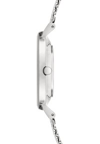 Silver metallur klocka med en länkband, slät rund urtavla, framträdande krona och minimalistisk design, sedd från sidan.