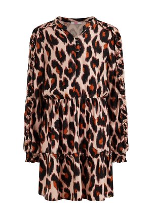Jurk met lange mouwen met elastische taille en manchetten, met een roze, zwarte en oranje luipaardprint en een gelaagde zoom.