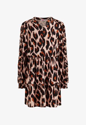 Langærmet kjole med elastisk talje og ærmekanter, med pink, sort og orange leopardmønstret print og en lagdelt nederdel.