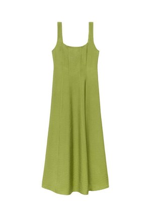 Groene mouwloze jurk met een vierkante halslijn, een relaxte pasvorm, textuurstof en verticale naden aan de voorkant.