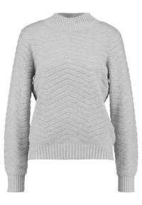 Hellgrauer Pullover mit strukturiertem Chevron-Muster, geripptem Halsausschnitt und Bündchen sowie einem legeren Schnitt.