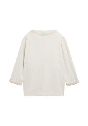 T-shirt à manches longues en off-white, avec un grand col et des poignets roulés. Texture douce avec une coupe confortable.