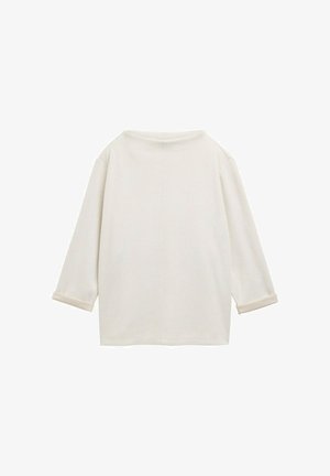 Duga rukava, rebrasta majica u boji slonovače, sa širokim izrezom i preokrenutim manžetama. Mekani materijal s udobnim krojem.