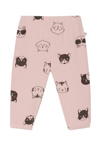 Rosa Kleinkind-Hosen mit schwarz-weißen Katzenkopf-Mustern, darunter eine Katze mit Sonnenbrille, elastischer Bund und Fußbündchen.