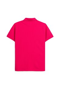 Polo shirt rosa realizzata in cotone morbido, con colletto classico e maniche corte, di un colore uniforme e senza motivi visibili.