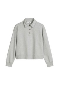 Gray sweatshirt with a collared neckline, three button placket, drop shoulders, and ribbed cuffs and hem. Soft, textured fabric.
