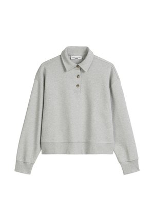 Gray sweatshirt with a collared neckline, three button placket, drop shoulders, and ribbed cuffs and hem. Soft, textured fabric.