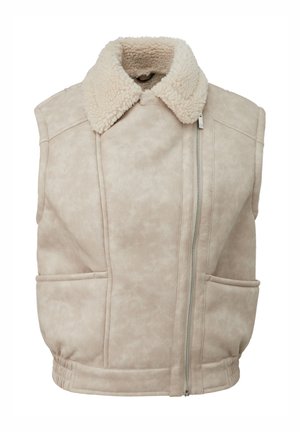 Beige Fake-Suede ärmellose Weste mit einem plüschigen beige Kragen, Frontreißverschluss und zwei großen aufgesetzten Taschen. Texturierte Oberfläche mit gerafftem Saum.