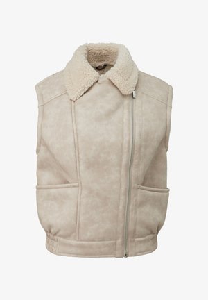 Beige Fake-Suede ärmellose Weste mit einem plüschigen beige Kragen, Frontreißverschluss und zwei großen aufgesetzten Taschen. Texturierte Oberfläche mit gerafftem Saum.