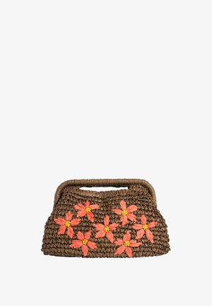 Brun vævet håndtaske med indbygget håndtag, dekoreret med syv koralpink og gule blomster-appliceringer på forsiden.