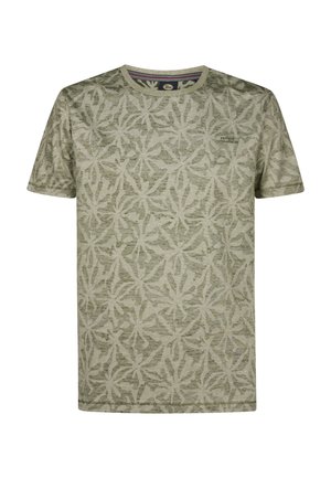 Tricou cu mâneci scurte, verde măsliniu, realizat din material moale, cu model floral și decolteu rotund. Logo subtil al mărcii pe piept.