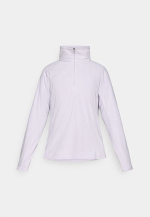 Pullover longo de manga comprida lilás claro com colarinho alto e fecho de meia zip, apresentado num fundo branco liso.